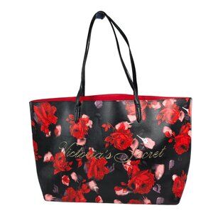 Victoria's Secret Large Black Floral Rose Faux Leather Ltd Edition Tote Bag